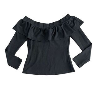 J.O.A. Black Off-the-Shoulder Ruffle Long Sleeve Sweater